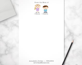 May include: White stationery with a cartoon girl and boy, the text "From the Mom of" and checkboxes labeled "Emma" and "Dakota". The bottom of the page has the text "Annabeth Jordan, 585.2564, Ajordan@email.com".
