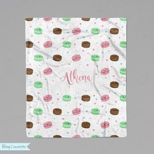 Personalized Macaron Blanket - Soft Minky Blanket - Adorable Cookies Pink, Green, Brown with Kawaii Faces - Sizes for Child, Teen, or Adult!