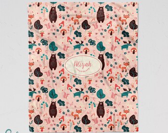 Personalized Blanket - Woodland Animals on Pink Soft Minky Blanket - Sizes for Baby, Child, Teen, or Adult! Custom Made with Your Name