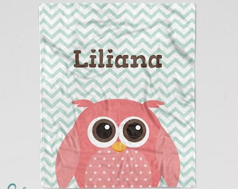 Personalized Owl Blanket - Pink Owl with Mint Chevron - Soft Minky Blanket with Sizes for Baby, Child, Teen, or Adult! Sherpa Back Option