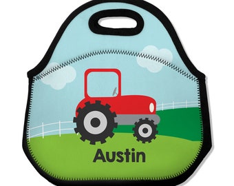 Tractor Lunch Tote - Personalized Lunch Bag for Kids - Washable Soft Neoprene - Farm Scene with Red Tractor Lunchbox Daycare Preschool