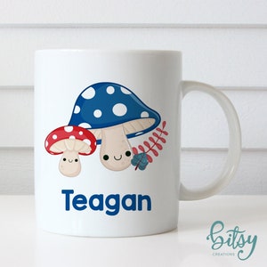Personalized Child&#39;s Mug (Plastic) - Kawaii Mushroom Child&#39;s Cup - Custom made mug with adorable woodland mushrooms and child&#39;s name