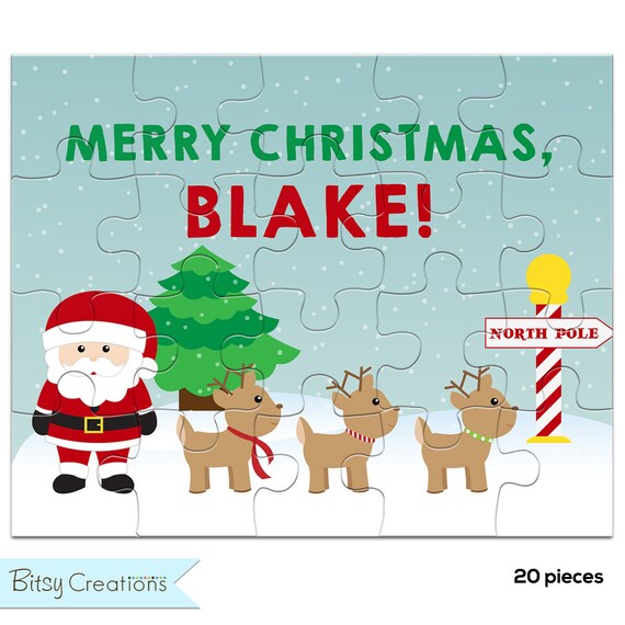 Personalized Christmas Puzzle Santa And Reindeer Puzzle For Kids Jigsaw Puzzle With Childs Name 20 Pieces 8 X 10 Inches
