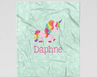 Unicorn Blanket for Children - Personalized Soft Minky Blanket - Sizes for Baby, Child, Teen, or Adult! Pink Rainbow Unicorn with Stars