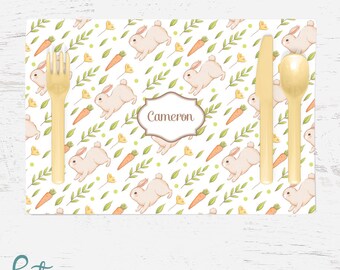 Personalized Easter Placemat - Rabbits Flowers Carrots - Custom Made with Any Name - Great for Kids or Adults!