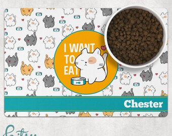 Cat Food Mat - Personalized With Cat's Name - Cute Cat Pattern - Machine Washable Fabric Top with No-Slip Neoprene Back