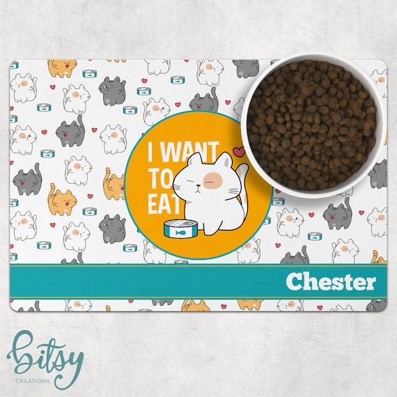 Cat Food Mat Personalized With Cat's Name Cute Cat Pattern Machine Washable  Fabric Top With No-slip Neoprene Back -  Finland