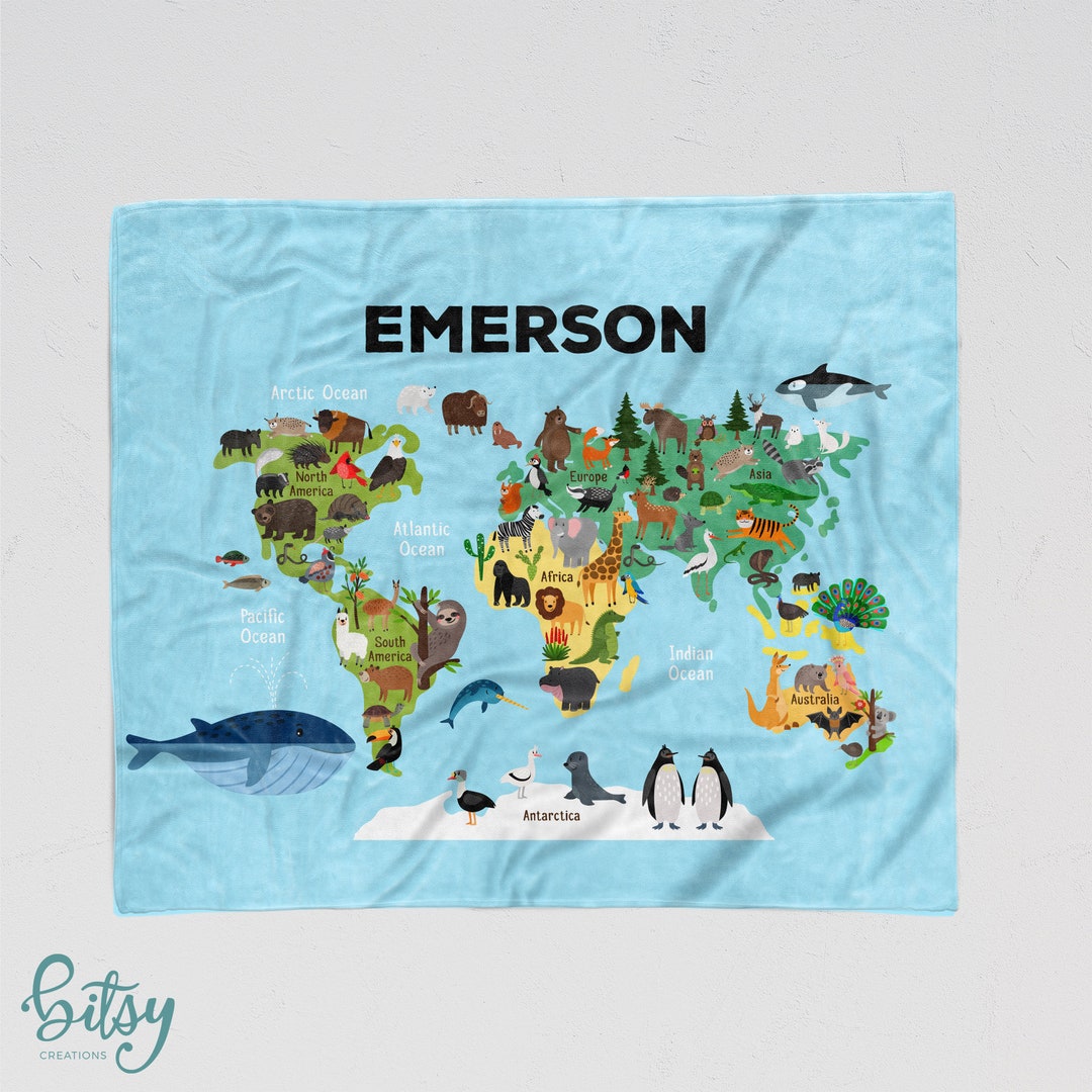Animal World Map Blanket Personalized Soft Minky Blanket Etsy