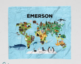 Animal World Map Blanket - Personalized Soft Minky Blanket with Sizes for Baby, Child, Teen, or Adult! Sherpa Back Option