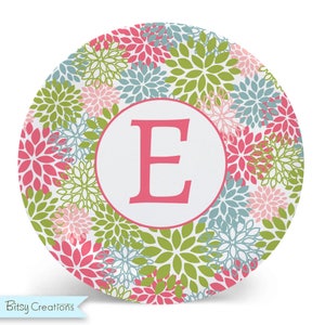 Personalized Flower Plate with Child&#39;s Initial - Child&#39;s Plate or Bowl - Melamine Plate (Plastic) - colorful floral pink green blue