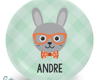 Personalized Bunny Plate - Gray Rabbit with Glasses - Child's Personalized (Plastic) Tableware Dinner Set Placemat Mug Bowl Easter