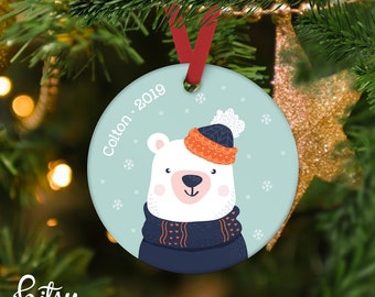 Personalized Christmas Ornament for Kids - Polar Bear - Kid-Friendly Option - Aluminum OR Porcelain