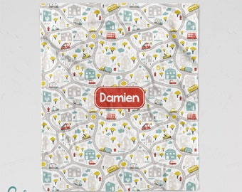 Personalized Cars and Trucks Blanket - Soft Minky Blanket with Sizes for Baby, Child, Teen, or Adult! Cute City Roads, Houses, Neighborhood