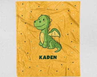 Dragon Blanket - Personalized Soft Minky Blanket - Cute Green Dragon on Yellow - Sizes for Baby, Child, Teen, or Adult! Sherpa Back Option
