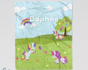 Unicorn Blanket for Children - Personalized Soft Minky Blanket - Sizes for Baby, Child, Teen, or Adult! Outdoor Scene with Rainbow Unicorns