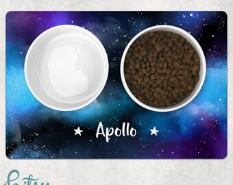 Pet Placemat - Space Galaxy - Personalized With Dog or Cat's Name Machine Washable Fabric Top with No-Slip Neoprene Back