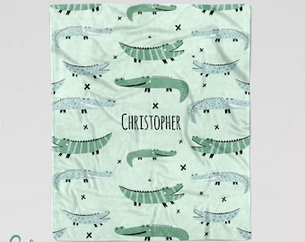 Personalized Alligator Blanket - Soft Minky Blanket with Sizes for Baby, Child, Teen, or Adult! Green Alligators with Sherpa Back Option