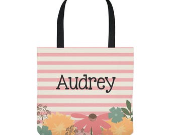 Personalized Tote Bag - Wildflowers on Pink Stripes - Three Sizes to Choose From - Great for library, dance, music lessons, and more!