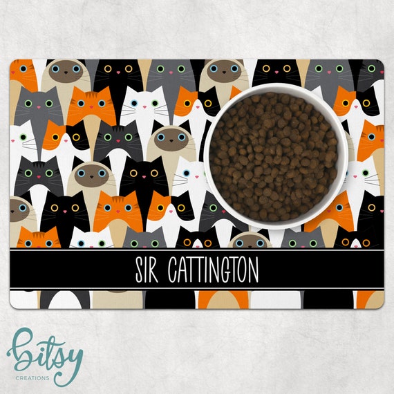 Cat Food Mat Cute Cartoon Cats Personalized With Cat's Name