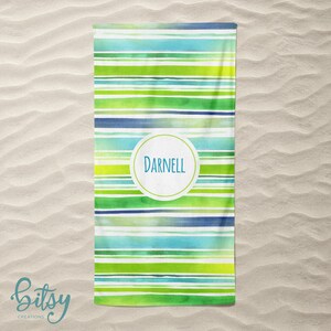 Personalized Beach Towel - Stripes in Blue and Green Watercolor Name Pool Towel for Kids, Teens, or Adults! Custom Made to Order