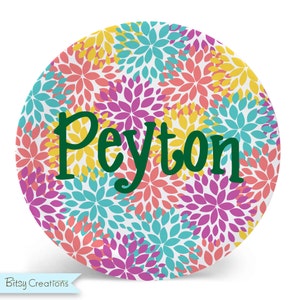 Flower Plate - Child&#39;s Plate - Colorful Dahlia Flowers Melamine Bowl or Plate Custom Personalized with Childs Name
