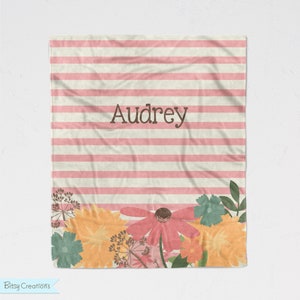 Personalized Flower Blanket for Children - Wildflowers with  Pink Stripes - Soft Minky Blanket - Sizes for Baby, Child, Teen, or Adult!