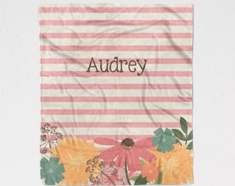 Personalized Flower Blanket for Children - Wildflowers with  Pink Stripes - Soft Minky Blanket - Sizes for Baby, Child, Teen, or Adult!