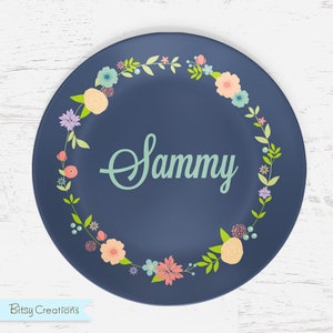 Personalized Flower Plate for Kids - Spring Floral Wreath - Plate Bowl Placemat Mug - Tableware Set - Personalized Melamine Plate (Plastic)