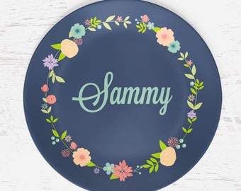 Personalized Flower Plate for Kids - Spring Floral Wreath - Plate Bowl Placemat Mug - Tableware Set - Personalized Melamine Plate (Plastic)
