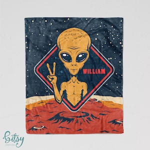 Personalized Alien Blanket - Super Soft Minky with Sizes for Baby, Child, Teen, or Adult! Space UFO Planet Come in Peace Sherpa Option
