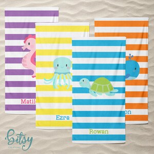 Personalized Beach Towel - Ocean Friends - Name Pool Towel for Kids, Teens, or Adults! Made to Order - Seahorse, Whale, Turtle, or Jellyfish