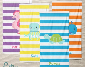 Personalized Beach Towel - Ocean Friends - Name Pool Towel for Kids, Teens, or Adults! Made to Order - Seahorse, Whale, Turtle, or Jellyfish