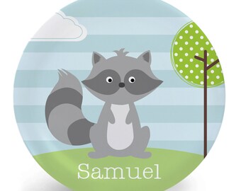 Raccoon Plate - Melamine Bowl or Plate Personalized with Child's Name (Plastic) - Woodland Animal