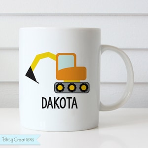 Plastic Child&#39;s Mug - Construction Digger Mug Personalized with Child&#39;s Name - Truck Cup - Dishwasher Safe