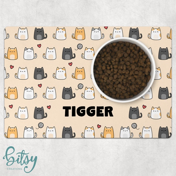 Cat Food Mat Cute Cartoon Cats Personalized With Cat's Name Machine  Washable Fabric Top With No-slip Neoprene Back 