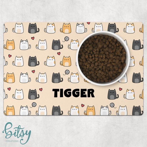 Cat Food Mat - Kawaii Cats - Personalized With Cat's Name Machine Washable Fabric Top with No-Slip Neoprene Back