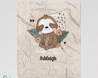 Personalized Sloth Blanket - Soft Minky Blanket - Sizes for Baby, Child, Teen, or Adult! Sloth with Flowers - Sherpa Back Option