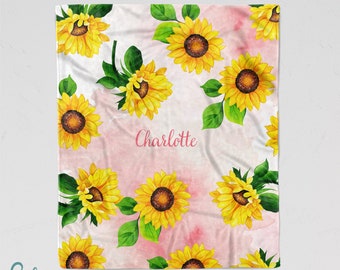 Personalized Sunflower Blanket - Soft Minky Blanket with Sizes for Baby, Child, Teen, or Adult! Beautiful Pink Watercolor Style Background