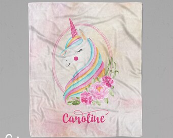 Unicorn Blanket with Flowers - Personalized Soft Minky Blanket - Sizes for Baby, Child, Teen, or Adult! Beautiful Pink Watercolor Style