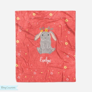 Personalized Bunny Rabbit Blanket for Children - Personalized Soft Minky Blanket with Flowers - Sizes for Baby, Child, Teen, or Adult!