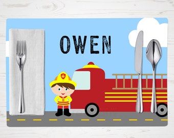 Children's Placemat - Firefighter Boy Placemat - You Choose Skin, Eye, Hair Color - Personalized with Child's Name - Custom Placemat