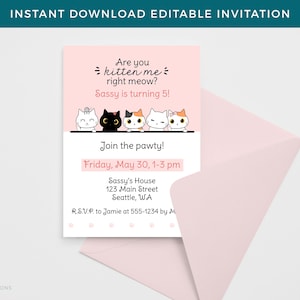 Kätzchen Party Einladung EDITIERBARE Einladung zur Geburtstagsparty - Pinkes Kätzchen Thema Geburtstagsparty - Instant Download