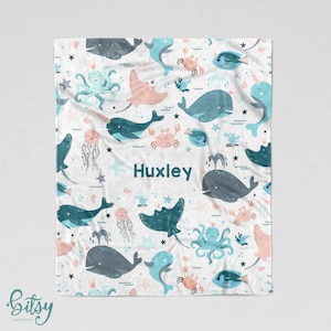 Personalized Ocean Animals Blanket - Soft Minky Blanket with Sizes for Baby, Child, Teen, or Adult! Beautiful Underwater Creatures - Sherpa