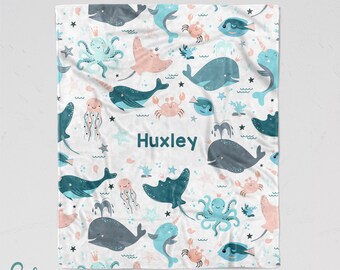 Personalized Ocean Animals Blanket - Soft Minky Blanket with Sizes for Baby, Child, Teen, or Adult! Beautiful Underwater Creatures - Sherpa