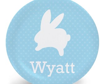Easter Plate - White Rabbit on Blue Child's Plate - Child's Bowl - Melamine Bowl or Plate Personalized (Plastic)