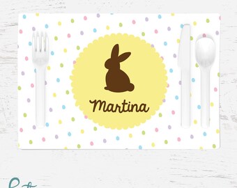 Personalized Easter Placemat - Chocolate Bunny with Colorful Easter Eggs - Custom Made with Any Name - Great for Kids or Adults!
