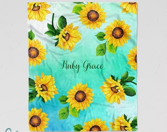 Personalized Sunflower Blanket - Soft Minky Blanket with Sizes for Baby, Child, Teen, or Adult! Beautiful Watercolor Style Background