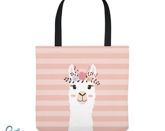 Llama Tote Bag - Personalized bag with Llama and Pink Flowers - Three Sizes - Great for library, dance, music lessons, and more!