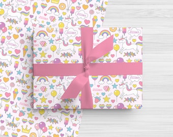 Personalized Wrapping Paper - Birthday Unicorns - Custom Made Gift Wrap with Child's Name - Rainbow Hearts Balloons Cupcakes