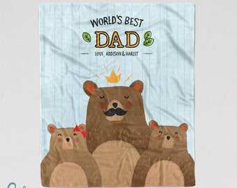 Father's Day Blanket - Personalized BEAR Blanket for World's Best Dad or Grandpa - Custom Made with Children's Names - Three Sizes Available